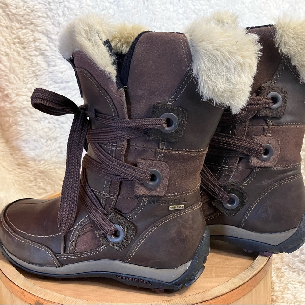 Merrell Nikita Winter Boots Brown Leather Primaloft Waterproof Hiking Size 6 - Picture 3 of 11